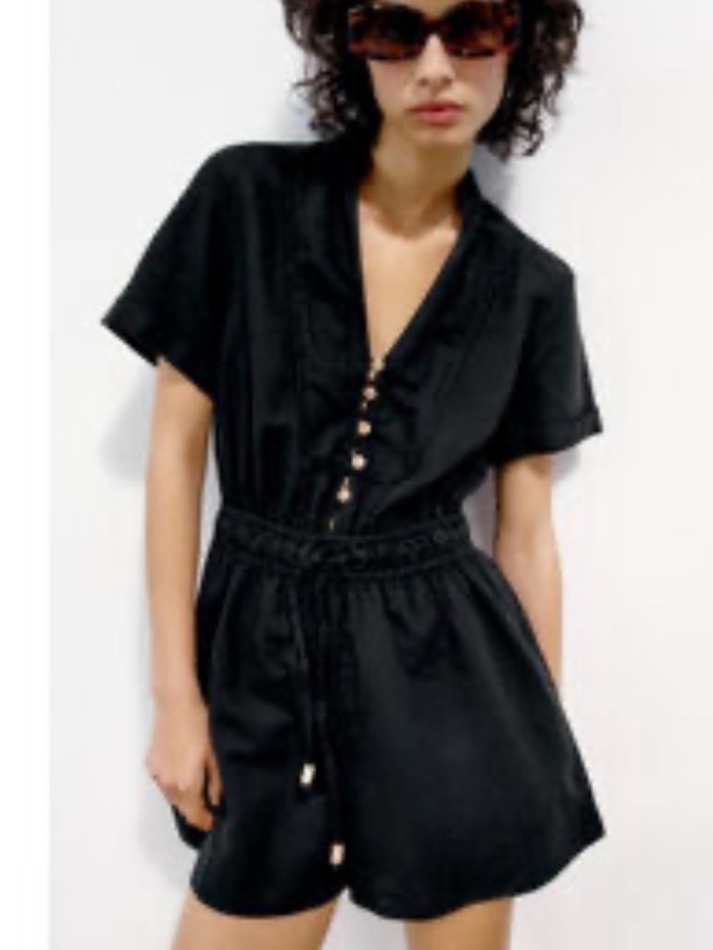 Zara Black Linen Button-Up Shorts Romper XS